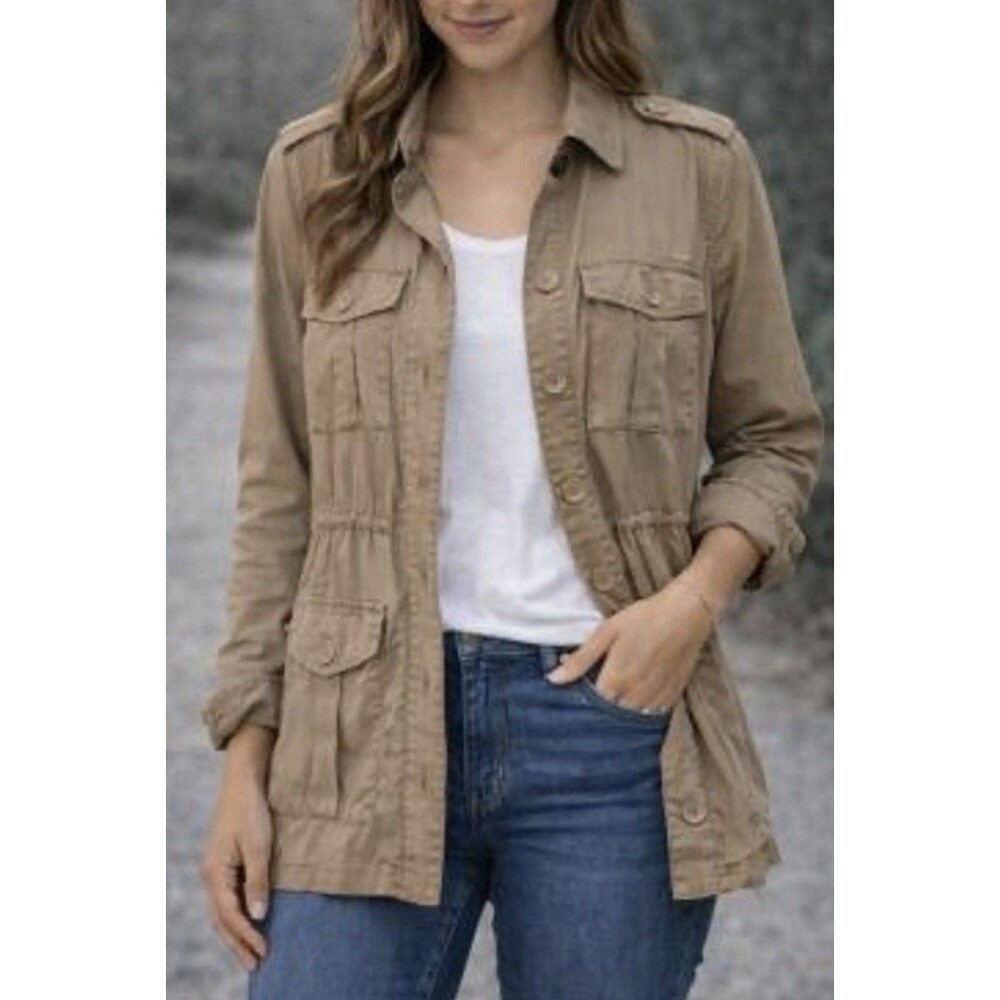 Michael Kors Womens Beige Hooded Anorak Jacket Mid-Length Zip Button Size S